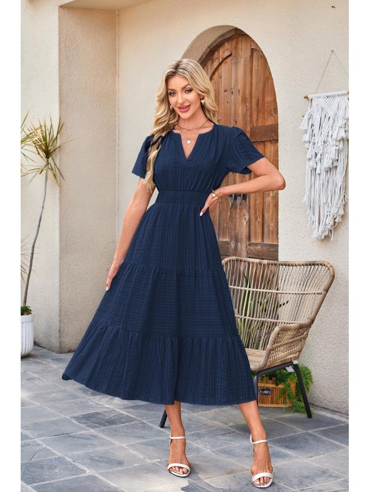 Short Sleeve V-Neck Tiered Ruffle Hem Midi Dress