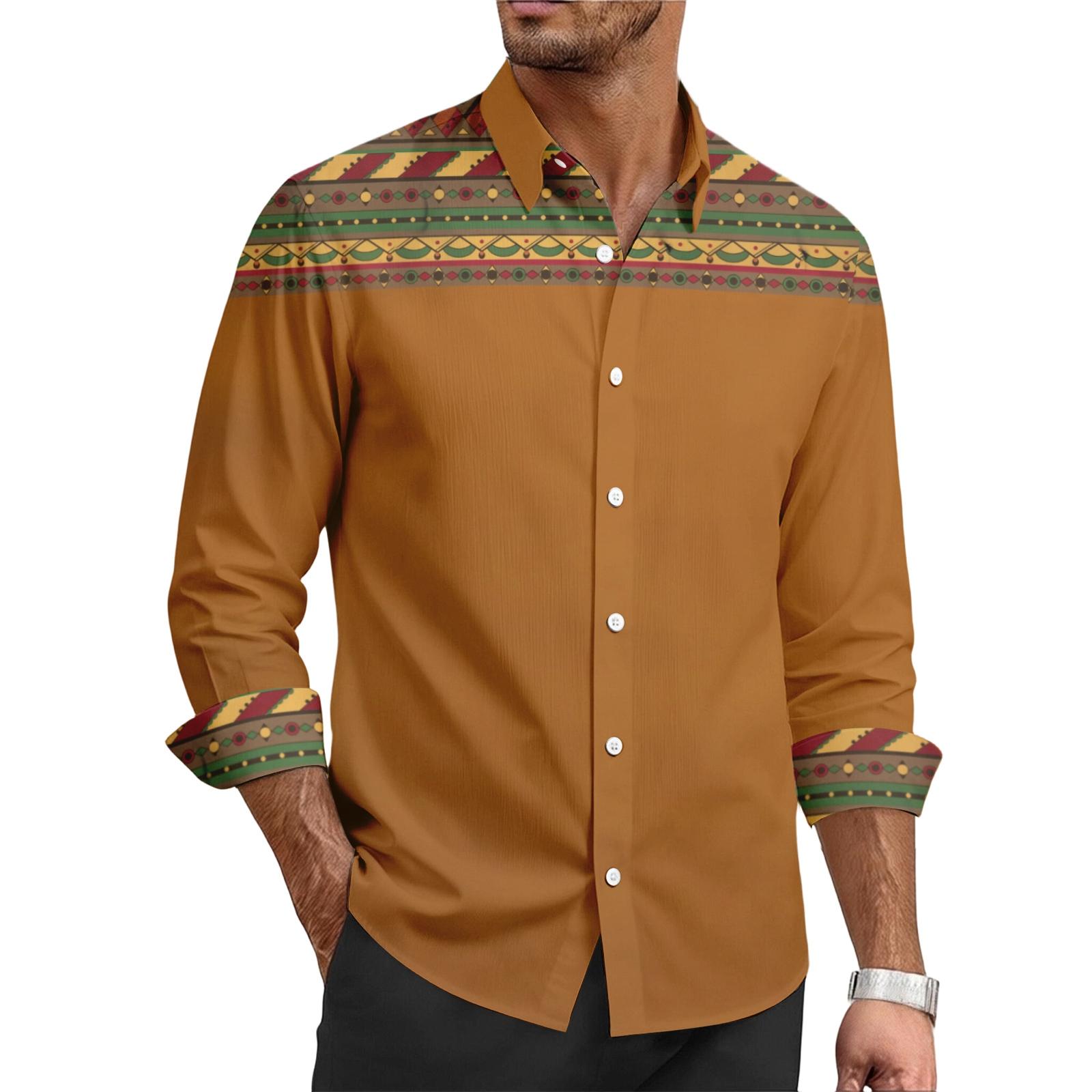 

Men s casual stylish retro texture printed shirt - Men s lapel buttoned long-sleeved top M шафрановий