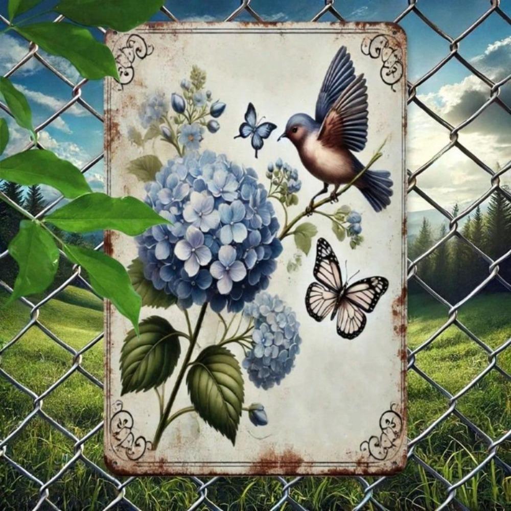 Retro Metal Sign Hydrangea Bird Butterfly Wall Art Home Decor