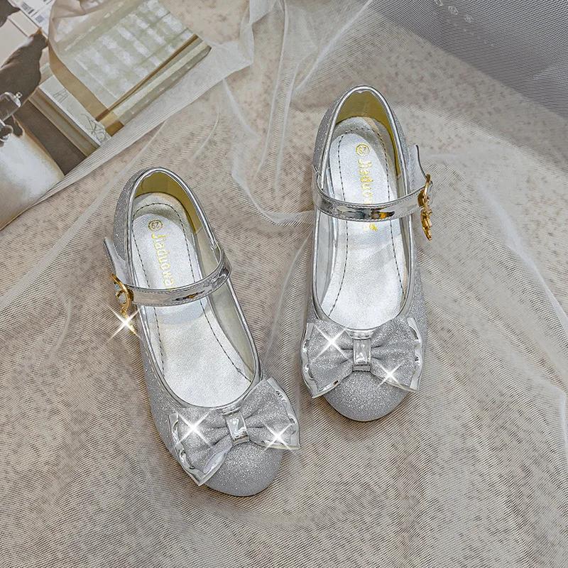 Sequins Girl Leather Shoes Spring Autumn Versatile Children Catwalk Princess Shoes Fashion Wedding Party Kids Bowknot High Heels
