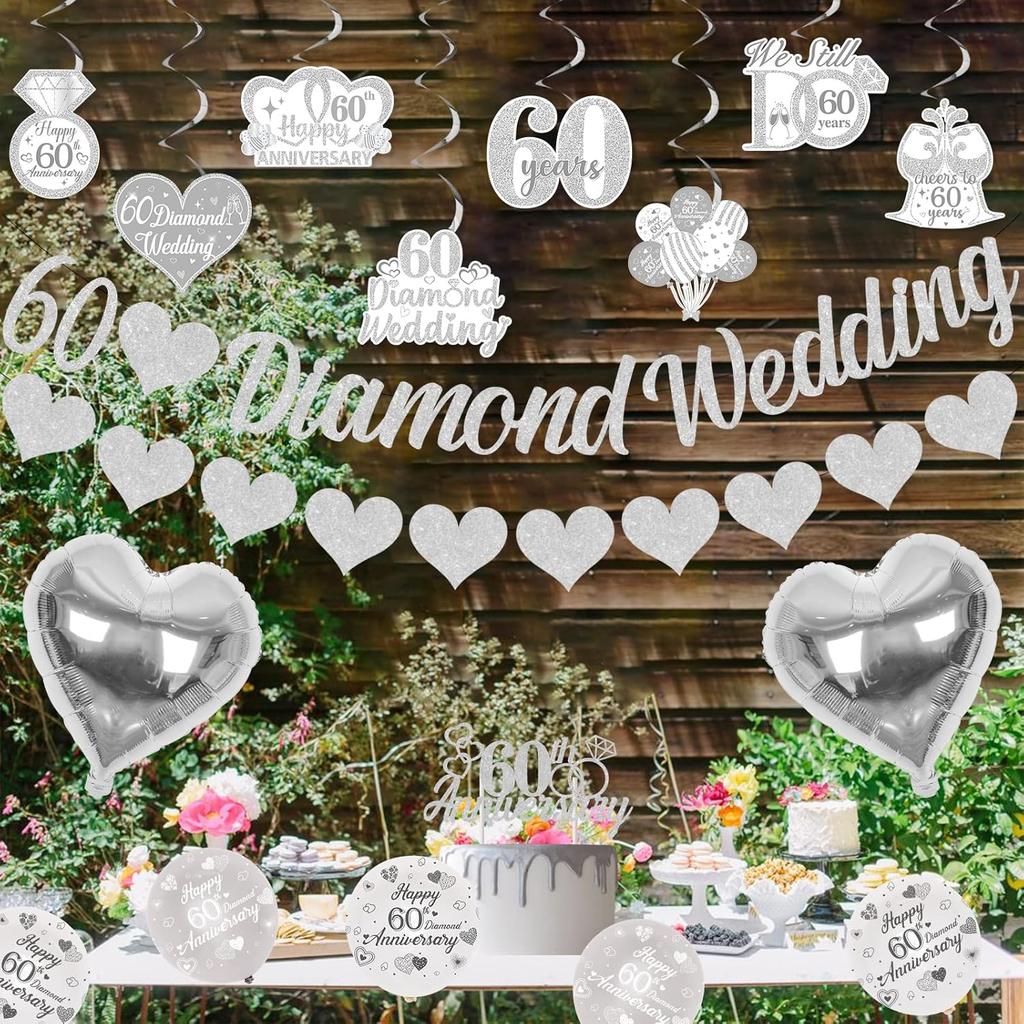 60th Diamond Wedding Anniversary Decorations, Glitter Banner, Cake Topper, Hanging Swirl, Silver Heart-shaped Love Foil Balloons, Party Festival