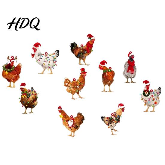 Funny Chicken Exchange Gifts for Friends Mini Christmas Ornament Cute Rooster with Santa Hat Wooden Xmas Tree Rustic Hanging Decor Decoration,