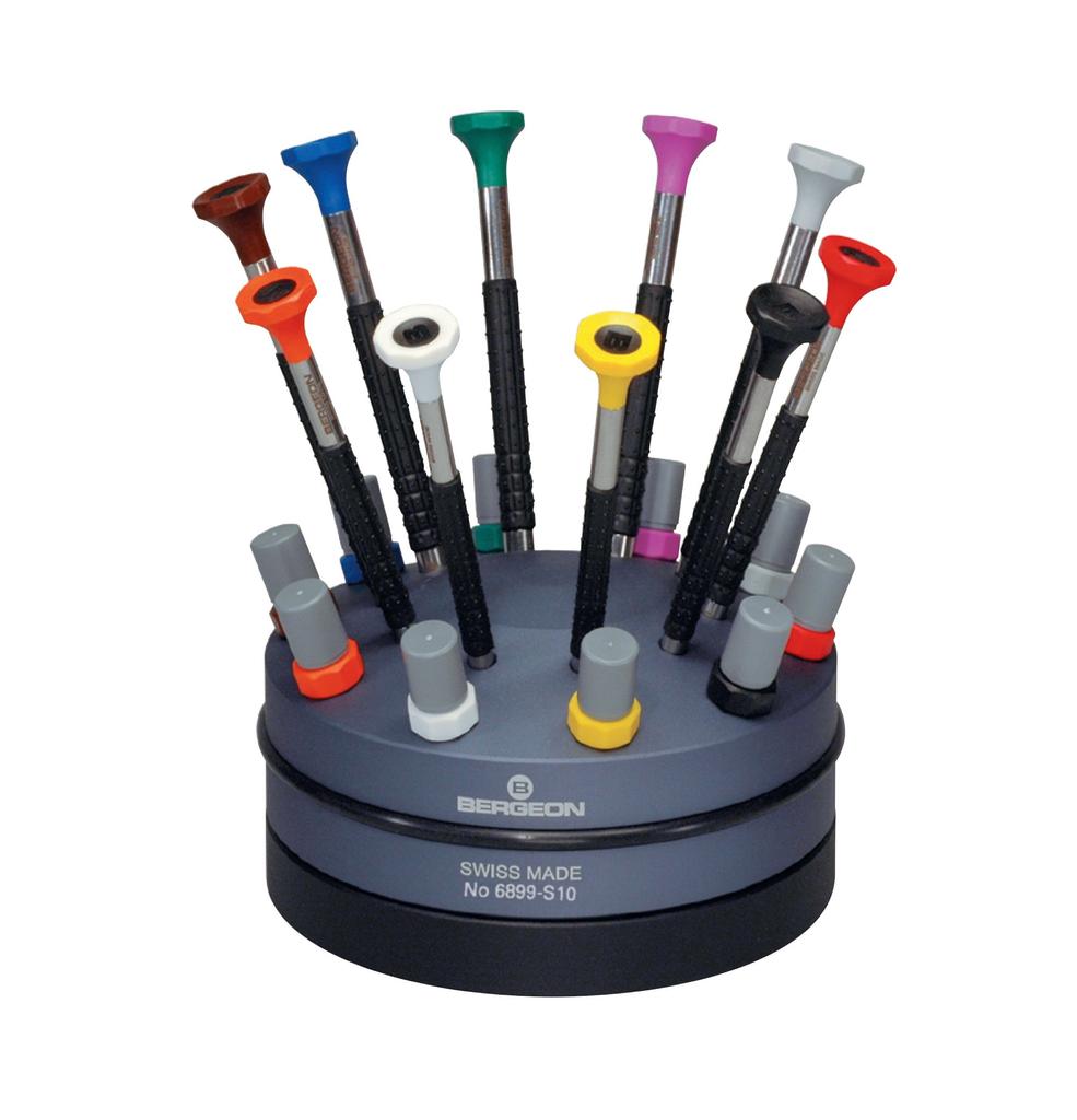 Bergeon 55-604 6899-S10 Watch Repair Kit with Rotating Stand, 10 Ergonomic Screwdrivers, 10 Tubes, and Spare Blades