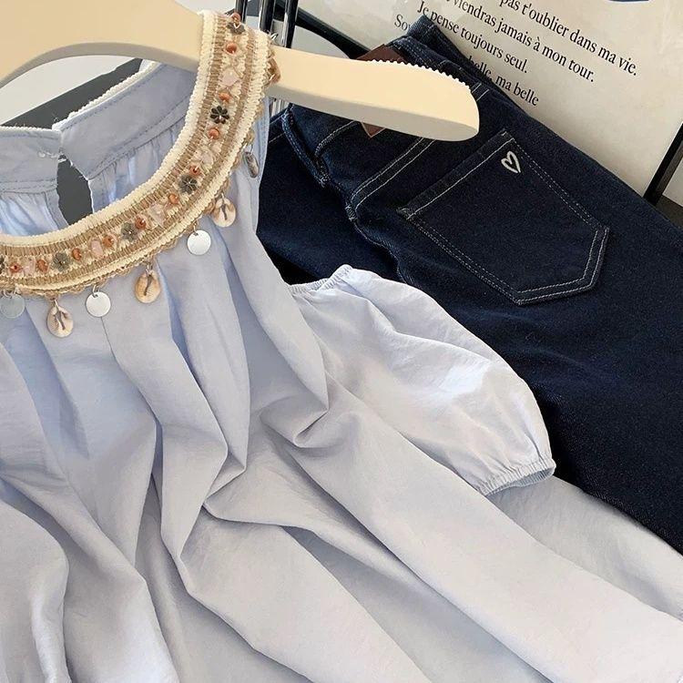 Beach Holiday Blue Blouse Women Off Shoulder Loose Top with Beads Round Neck