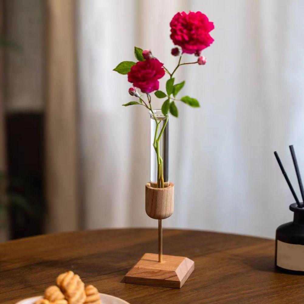 Creative Hydroponic Plant Vase Wooden Base Simple Glass Flower Vase Minimalist Home Decor Flower Holder Stand Office