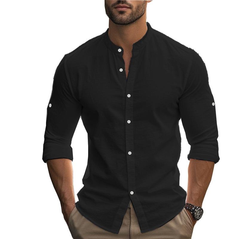 Camisa Casual de Moda com Gola Alta de Algodão e Linho para Outono e Primavera, Blusa Lisa de Manga Longa Masculina, Top Cardigan Masculino