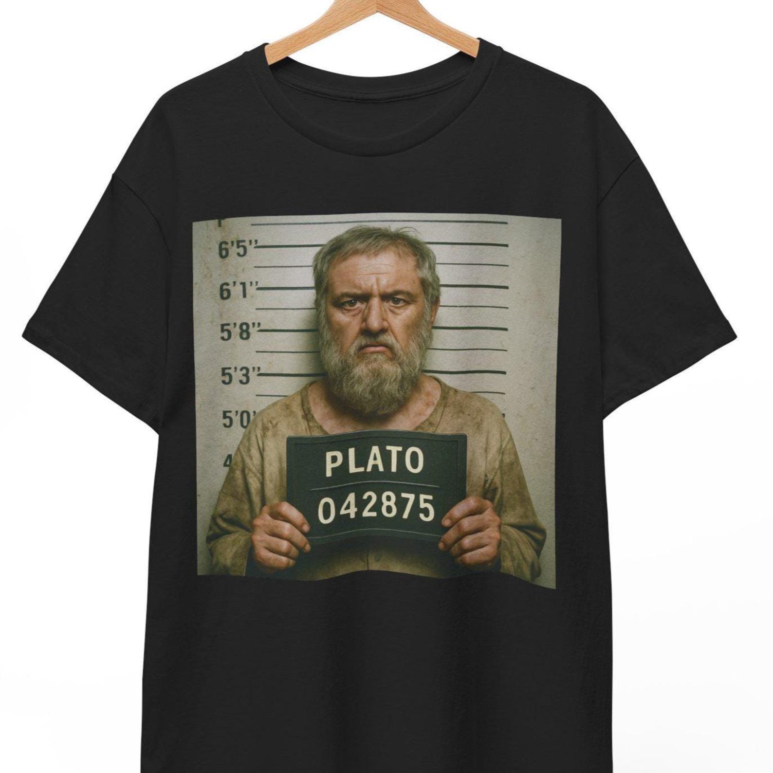 Plato Mugshot T-Shirt: Funny Philosopher Meme, History Buff Gift 2XL