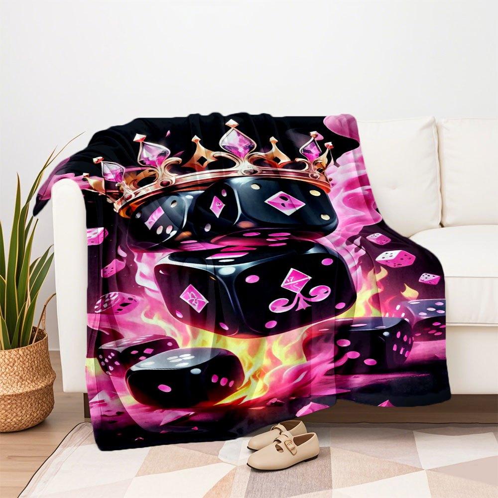 "Royal Flush Dice Set: Luxury Crowned Gaming Pieces with Fiery Flames"Blanket Flannel Throw Blanket for Sofa, Bed, Travel, Camping, Office