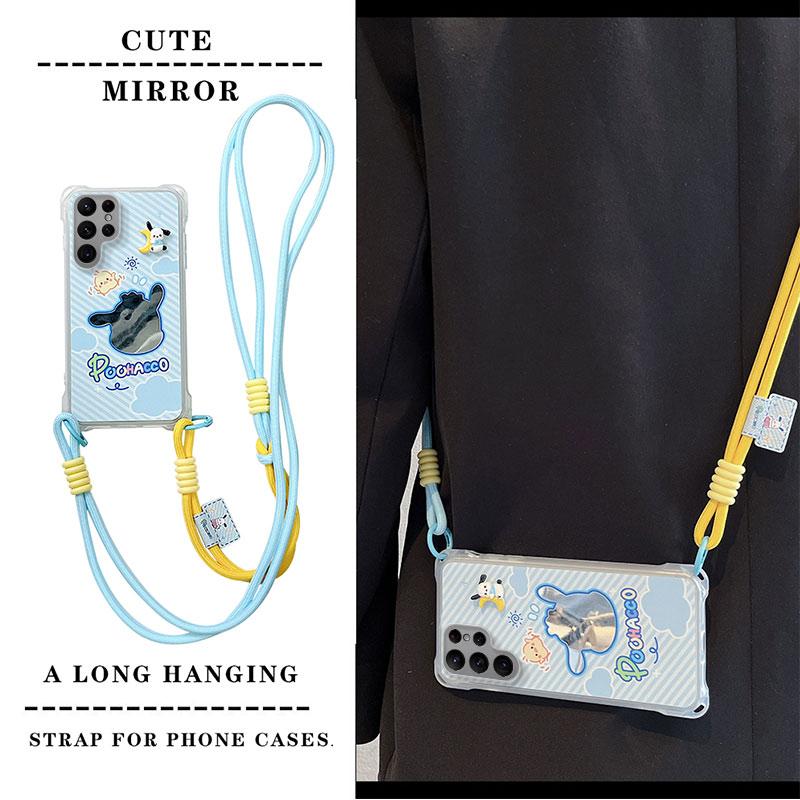 KEYSION Crossbody Strap Phone Case for Samsung S23 S24 S25 Ultra Cute Cartoon Long Lanyard Mirror Shockproof Cover for Galaxy S25 S24 S23 Ultra