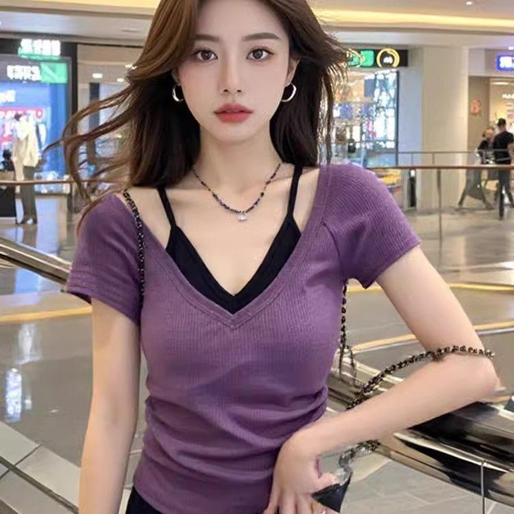 Pure Desire Spice Girl Style Contrasting Colors Fake Two V-neck Short-sleeved T-shirt Summer New Slim and Thin Versatile Top Women
