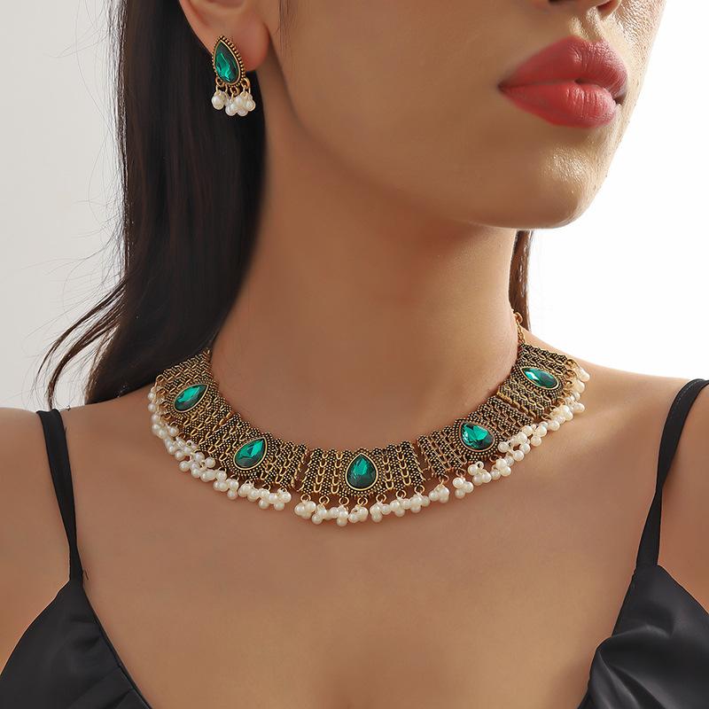 Meier Necklace and Earring Set - Exotic Pearl Rhinestone Tassel Choker Necklace with Court Style Earrings