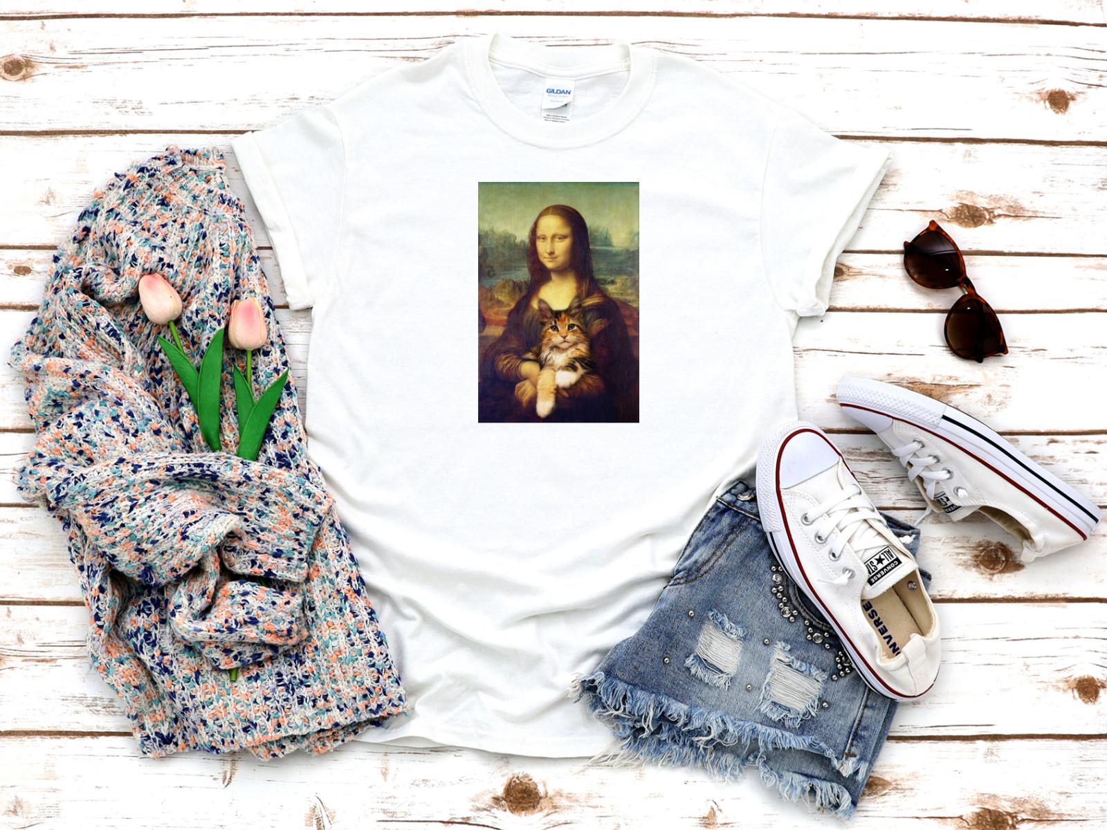 Mona Lisa with Cat funny T-shirt 3 4 Short sleeve Woman T-shirt K356 XXXXL