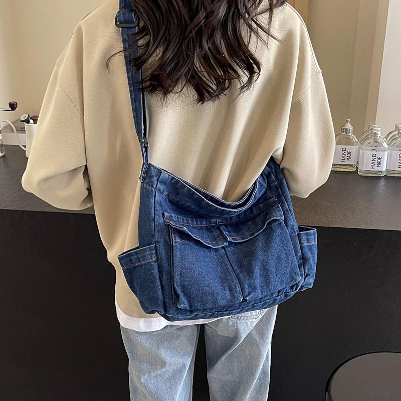 Large Capacity Denim Bag Women's Shoulder Bag Student Class Commuter Crossbody Bag Tote Bag