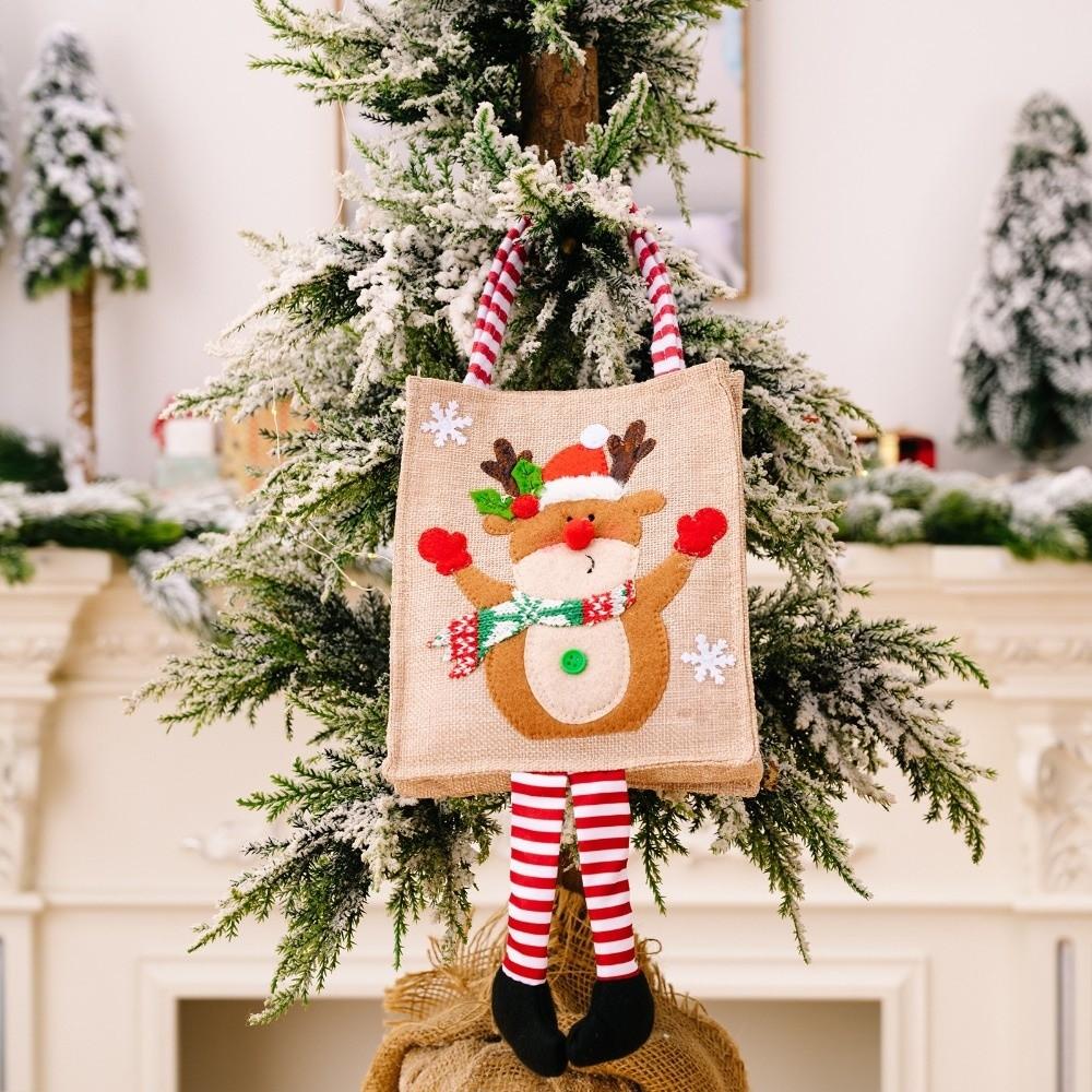 Cartoon Christmas Gift Bag Linen Reusable Xmas Gift Wrapper Santa Claus Snowman Christmas Decoration Long-legged Handbag