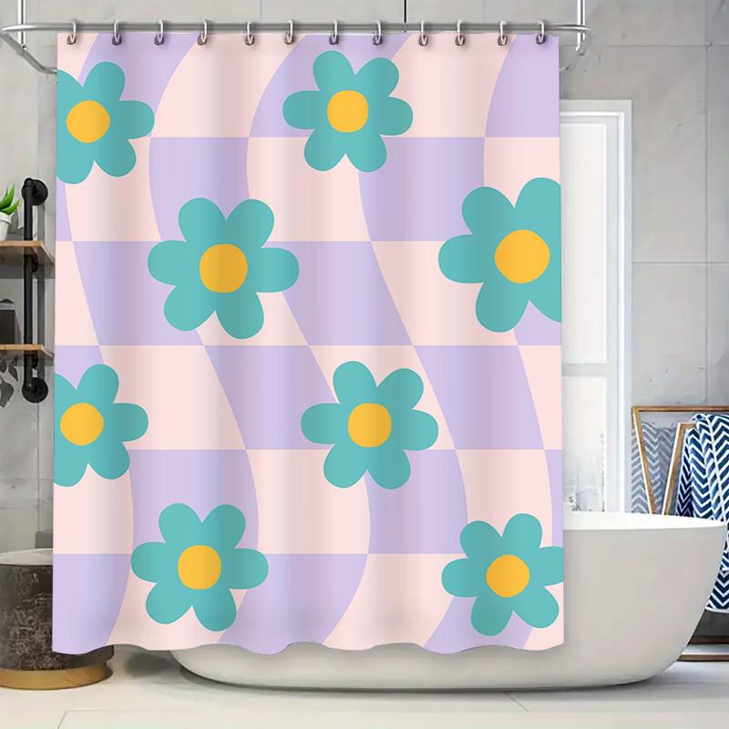 

Bright Blue Flower Shower Curtain Purple Plaid Waterproof Washable Modern Decor Bathroom Accessories Set Home Decoration W60H190(CM)-1 Pcs