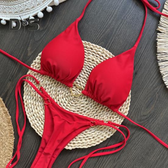 2Pcs/Set Women Bikini Set Heart Metal Buckle Halter Lace-up Swimsuit with Briefs Set Quick Drying Beachwear