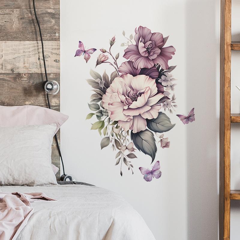 Purple Flowers Butterfly Wall Stickers Living Room Bedroom Background Decor Mural Bathroom Home Decoration Self-adhesive Decals