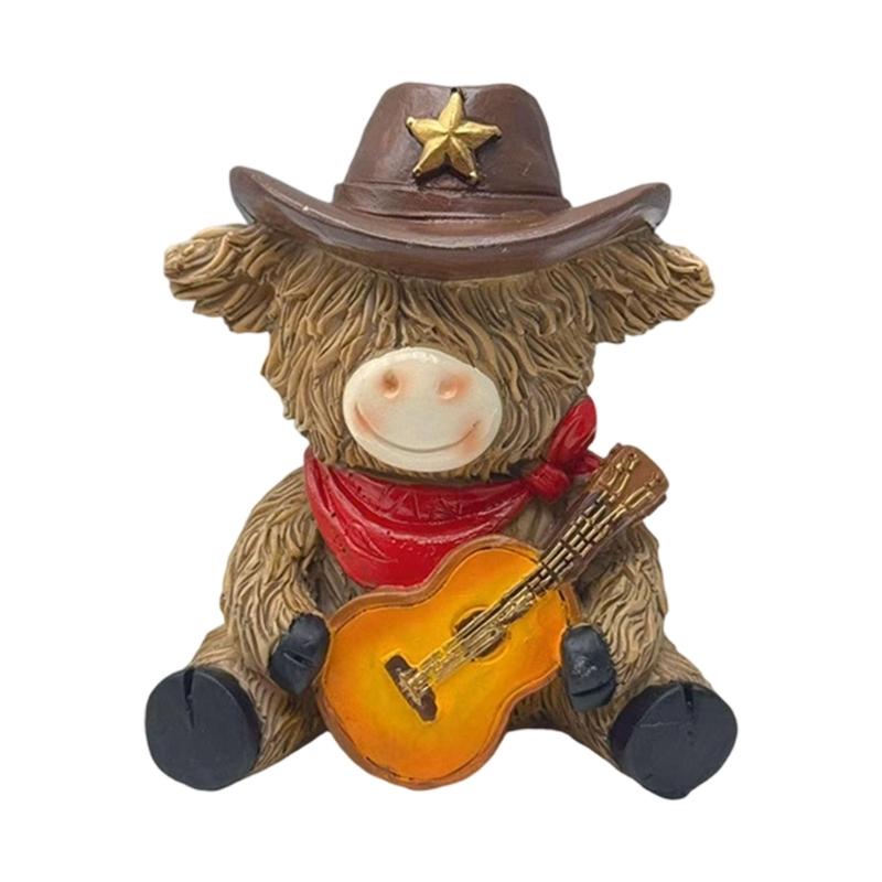 

Handcrafted High Land Cow with Western Cowboy Hat Figurine Resin Tiered Tray Ornament For Living Room Decors Gift Giving