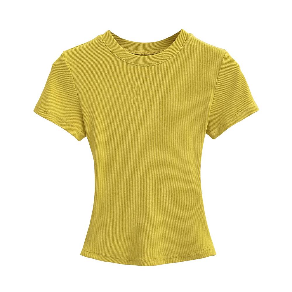 Trendy Women's Ribbed Slim Fit Short Sleeve T-Shirt with Sexy Round Neck and Straight Shoulders.