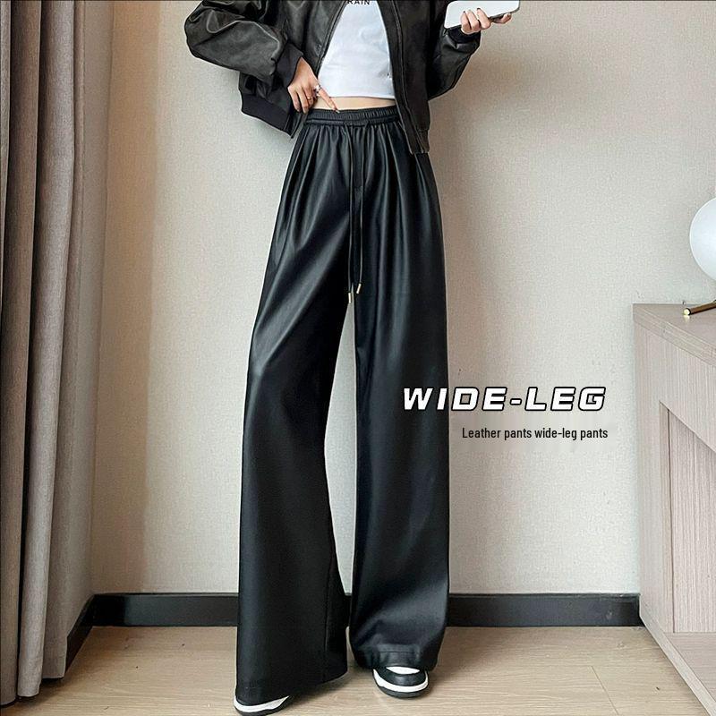 

Angola Red High-Waist Wide-Leg PU Leather Pants for Women - Autumn 2026 Drape Straight Floor-Length Style 140-170 lbs 2XL