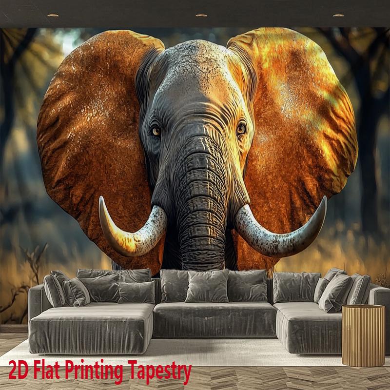 Realistic African Elephant Tapestry Majestic Tusker In Savannah Wall Hanging, Wild Animal Room Decor Suitable Offices Bars Party