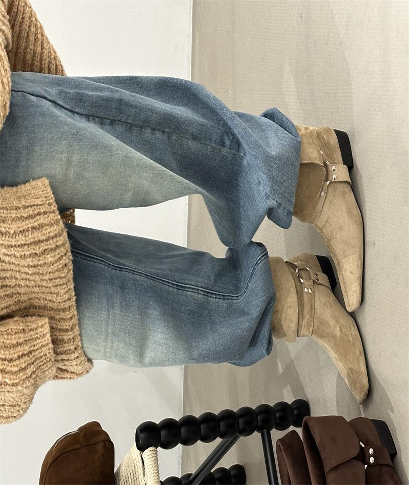 

2025 осень и зима новая европейская и американская пряжка ремня тонкий высокий каблук острый носок замшевые высокие сапоги однотонные сапоги-рыцари на одной педали 39 хаки