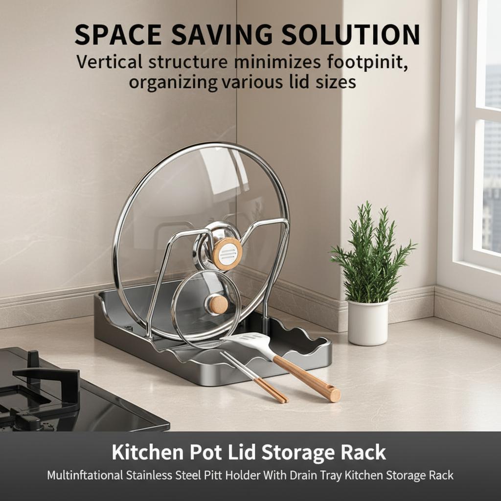 Kitchen Pot Lid Storage Rack Multifunctional Stainless Steel Pot Lid Holder With Drain Tray Kitchen Storage Rack