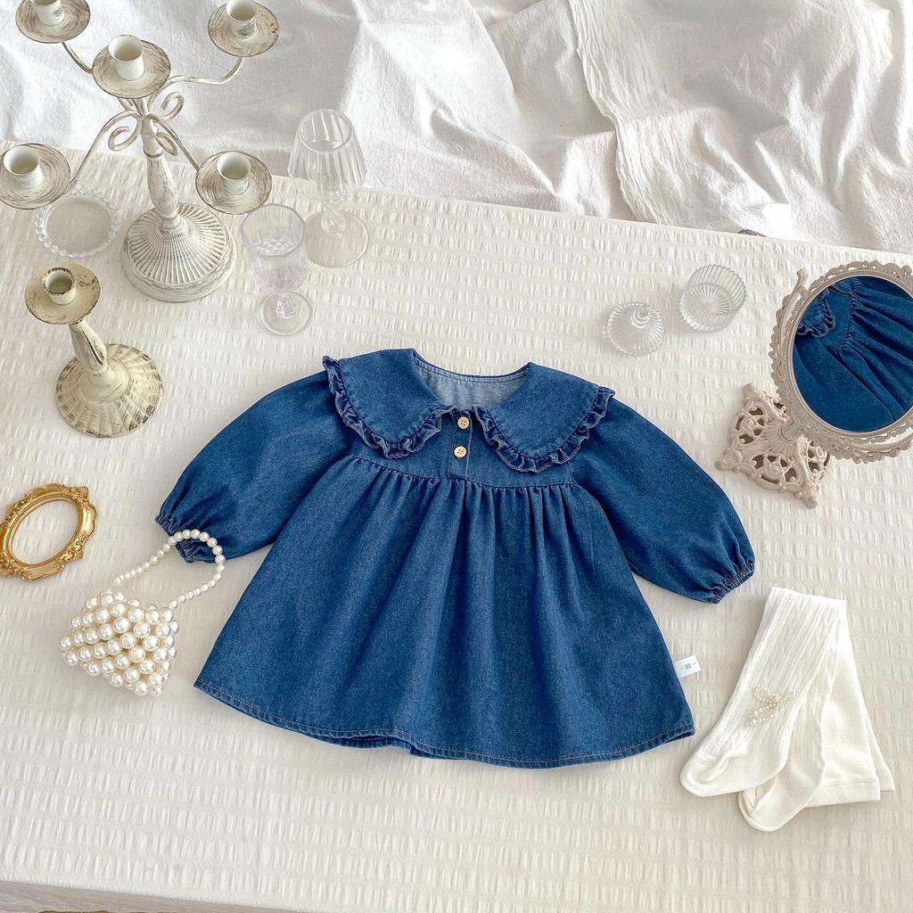 Autumn Baby Girl Denim Romper Dress Long Sleeve Ruffle Collar Princess Outfit Sister Matching Clothes