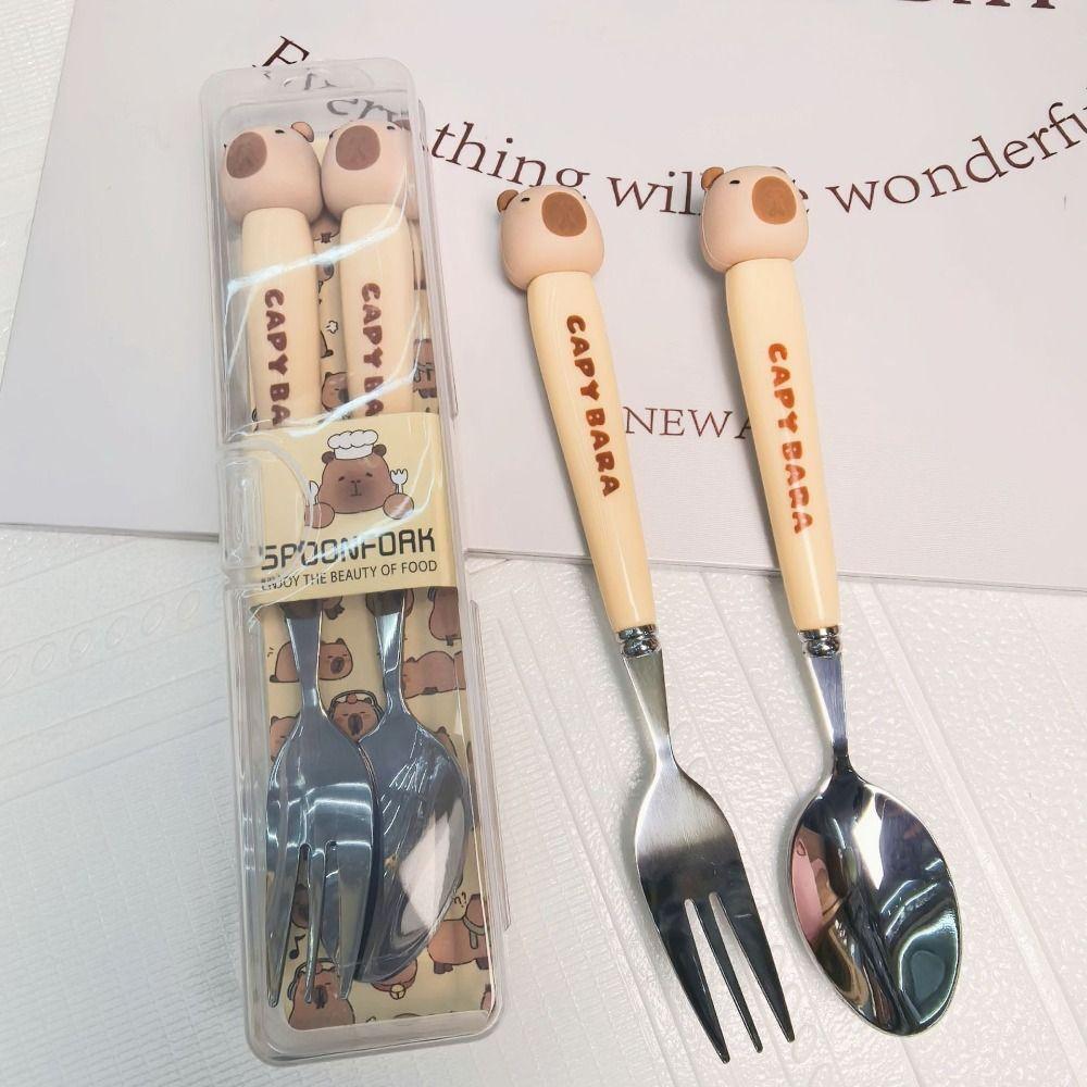 Fashion Stainless Steel Capybara Cutlery Set Cartoon Travel Portable Fork Spoon Dinnerware Sets Kitchen Tableware