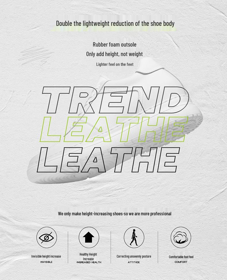 Men's Autumn White Cowhide Sneakers: New Fashion, Thick Sole, Hidden Height Boost, Breathable Round Toe Sports Design