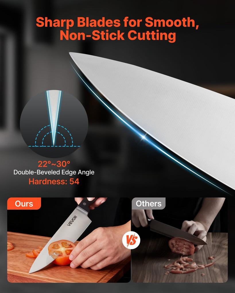 Kitchen Knife Set with Block and Sharpener, 15 Piece German High Carbon Stainless Steel Knife Set, Kitchen Cutlery with ABS Ergonomic Handle,