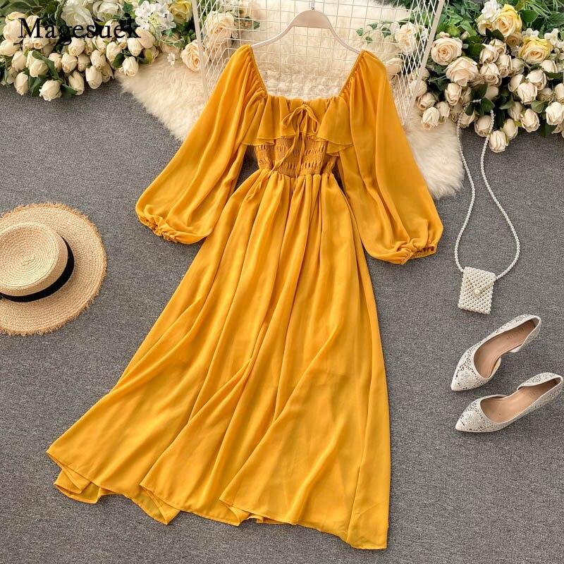 Vintage Square Collar Long Dress Woman Elastic Waist Evening Party Dresses Fashion Puff Sleeve Chiffon Dress Women Clothing 20263