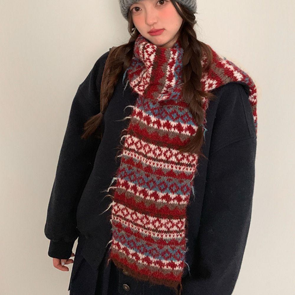 Wool Jacquard Knitted Scarf Warm Winter Wool Neckerchief Casual Fair Isle Style Scarf Outdoor