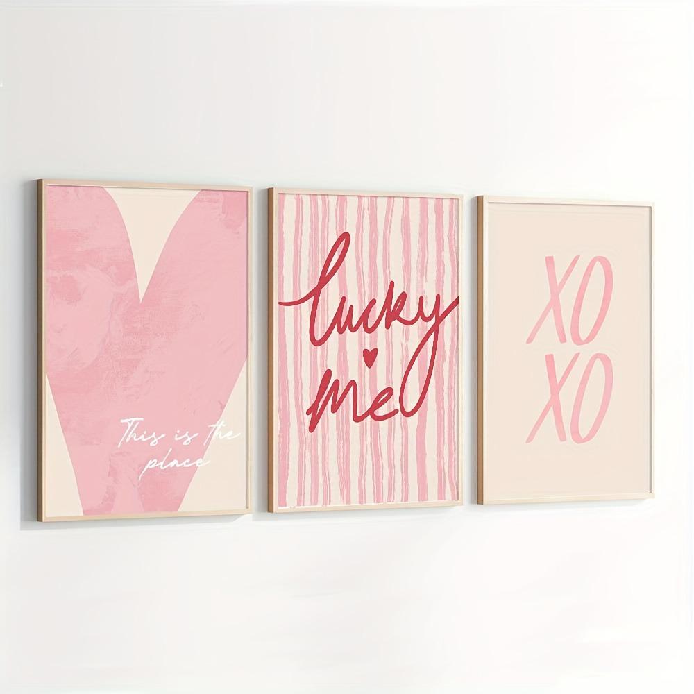 3 peças Coração Listrado Rosa Sem Moldura Lucky Me Poster de Moda Y2k Tela de Impressão para Parede Preparatória Decoração Estética para Quarto de Menina Simples