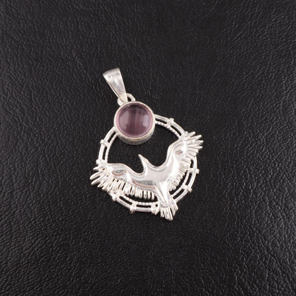 Purple Cat's Eye Gemstone 925 Sterling Silver Jewelry Handcrafted Pendant 1.43" CP-38-45