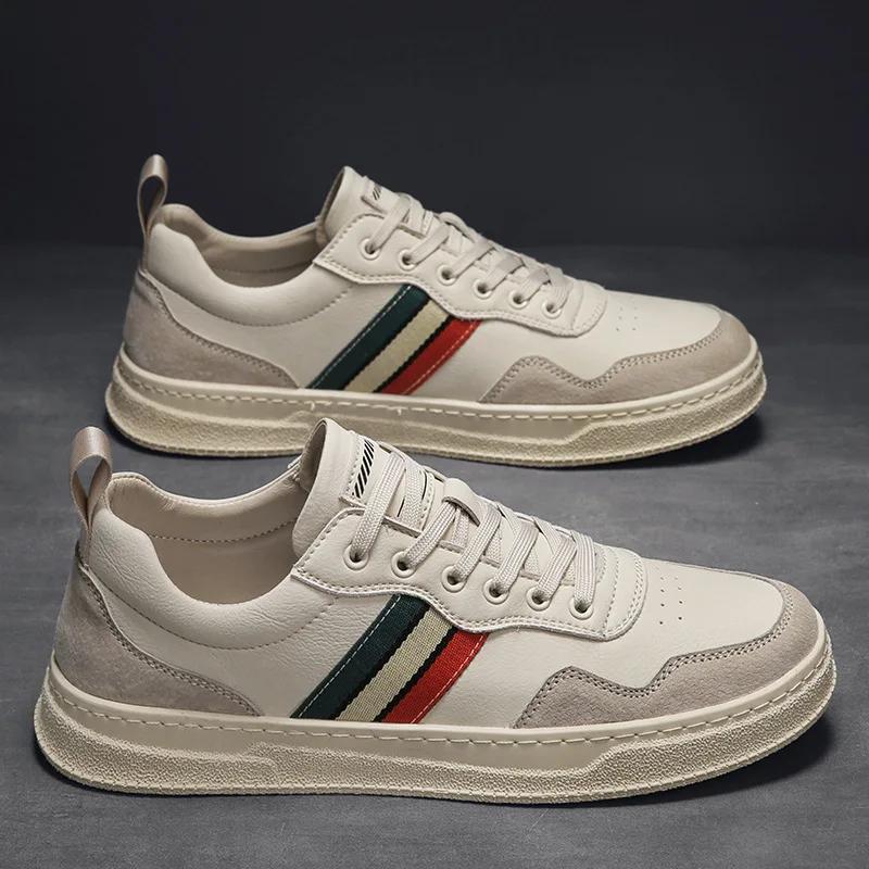 Brand New Men Genuine Leather Casual Shoes Spring Autumn High End Striped Flat Skate Shoes Young Man Cool Lace-up Sneakers