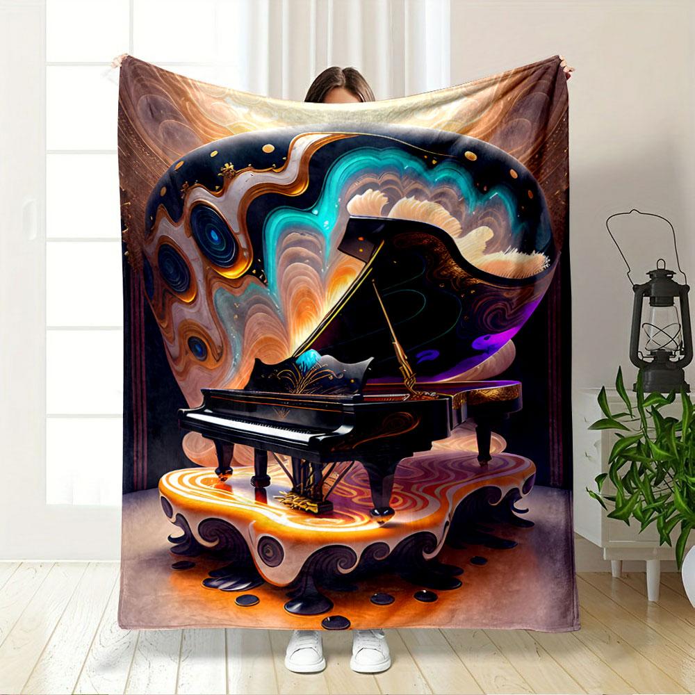 Surreal Glowing Grand Piano with Swirling, Fluid, and Vibrant Patterns. for All Seasons Blanket Lunch Break Throw Gift