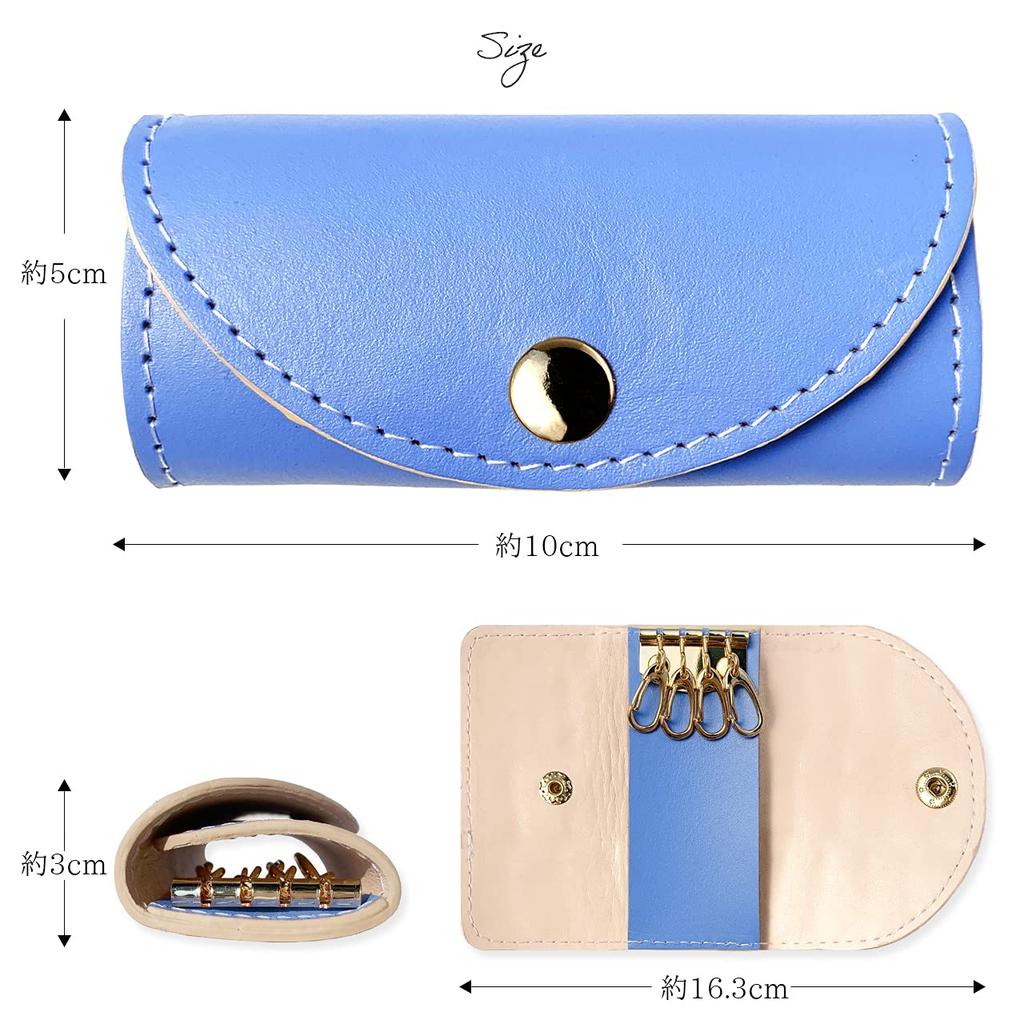 Women's 4-Ring Genuine Leather Smart Key Case, Tri-Fold, Leather, Cowhide Leather, Slim, Compact, Mini Key Holder, 4-Ring Key Hook, Pastel Colors,