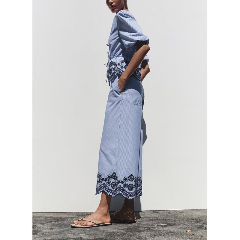 Cotton Embroidery Stripe V-neck Top 3402932 Cotton Embroidery Stripe High Waist Wide Leg Pants 3399932