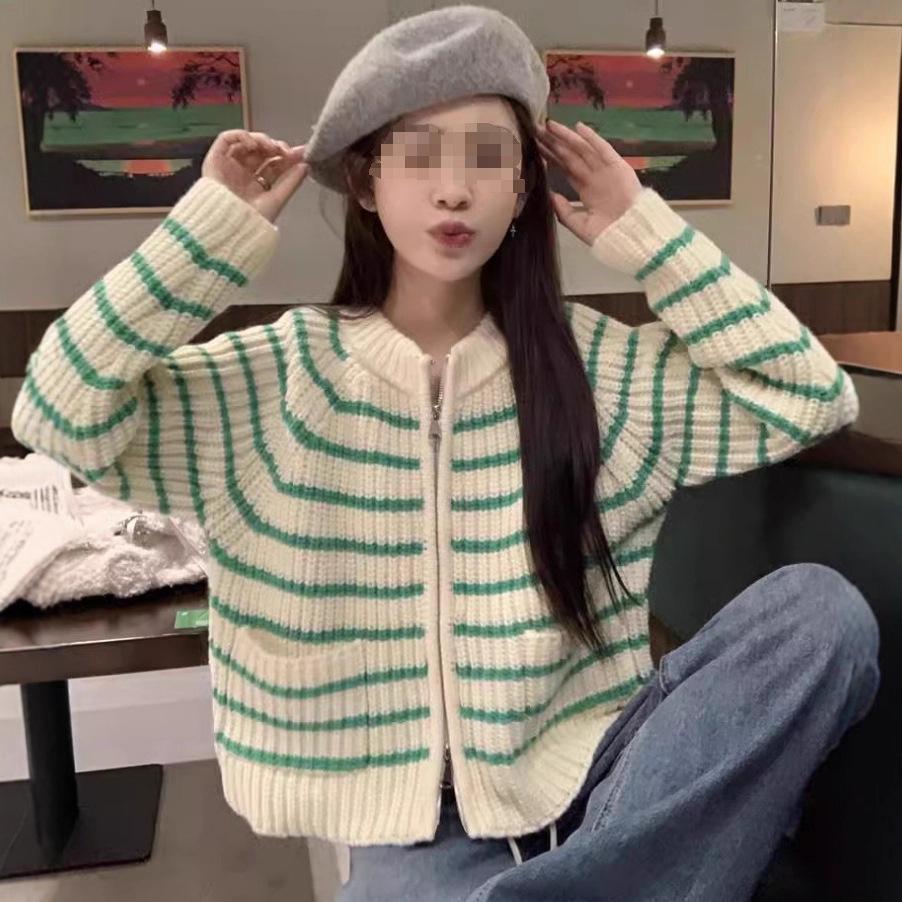 Women's French Chic Striped Knit Cardigan Jacket - Soft, Glutinous, Loose Fit, Zipper, Autumn/Winter 2025 Collection