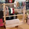4 Tiered Wood Ribbon Holder with Hanging Hook Wood Scale Ruler Storage Ribbon Spool Holder Sewing Supply Organizers