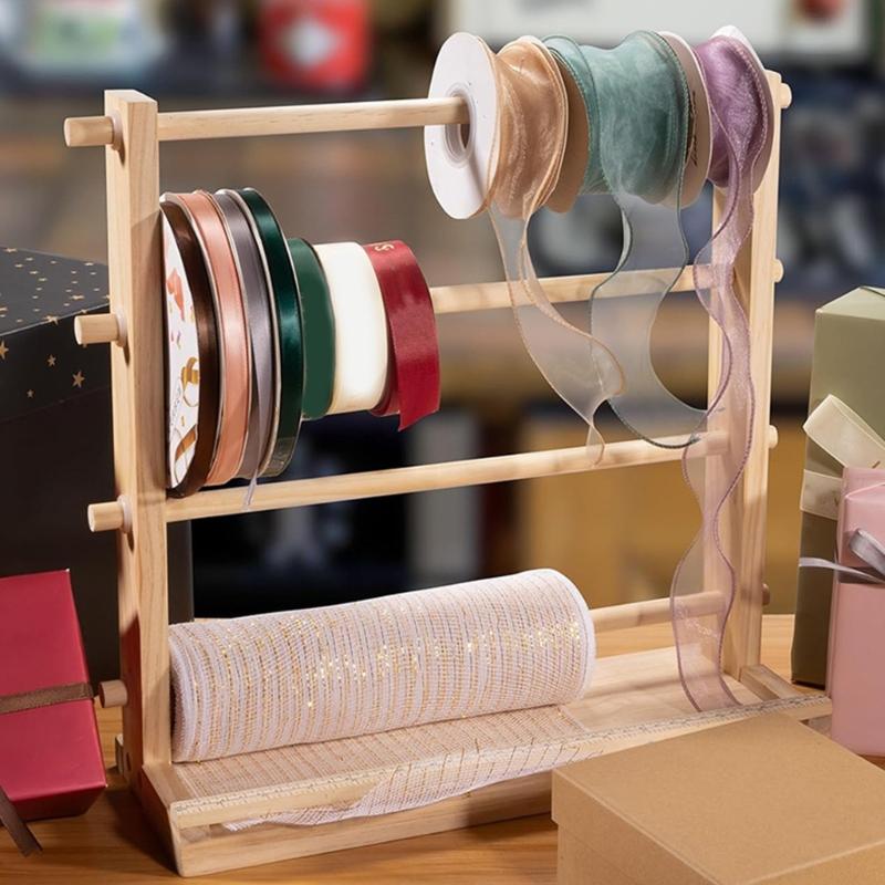 4 Tiered Wood Ribbon Holder with Hanging Hook Wood Scale Ruler Storage Ribbon Spool Holder Sewing Supply Organizers
