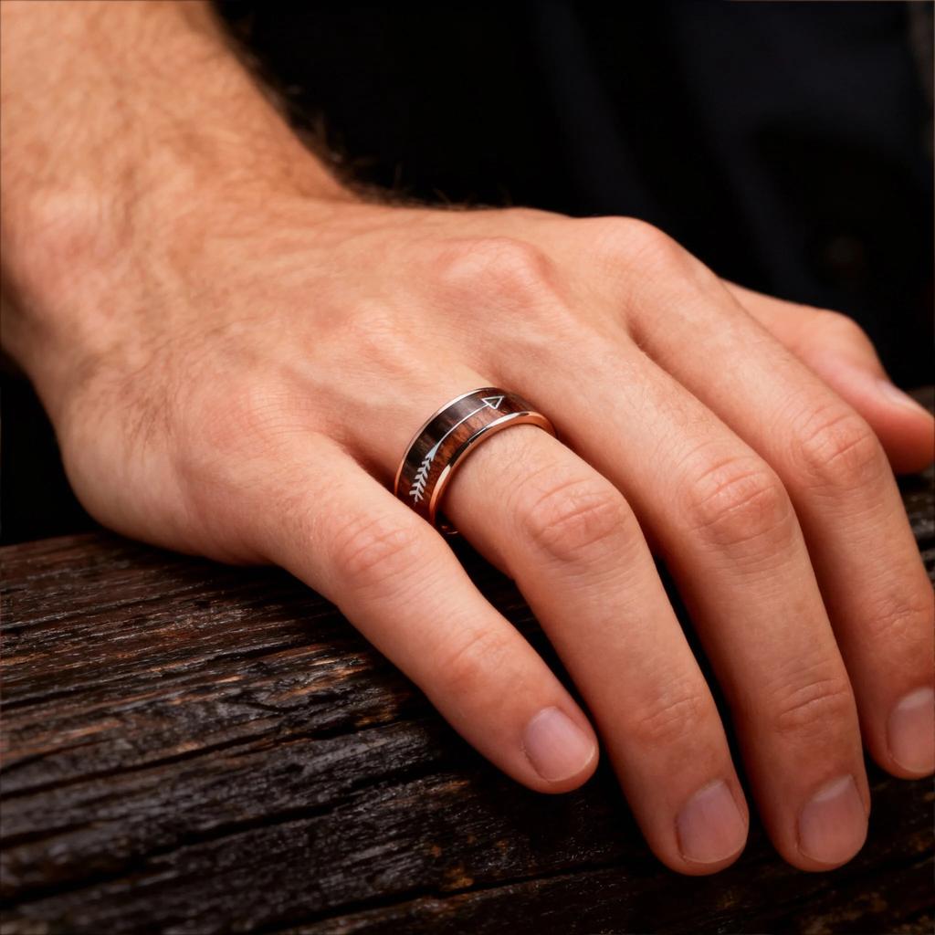 Fashion 8mm Men Stainless Steel Rings, Rose Gold Color Brushed Koa Wood And Arrow Rings for Men, Wedding Jewelry Christams Gift