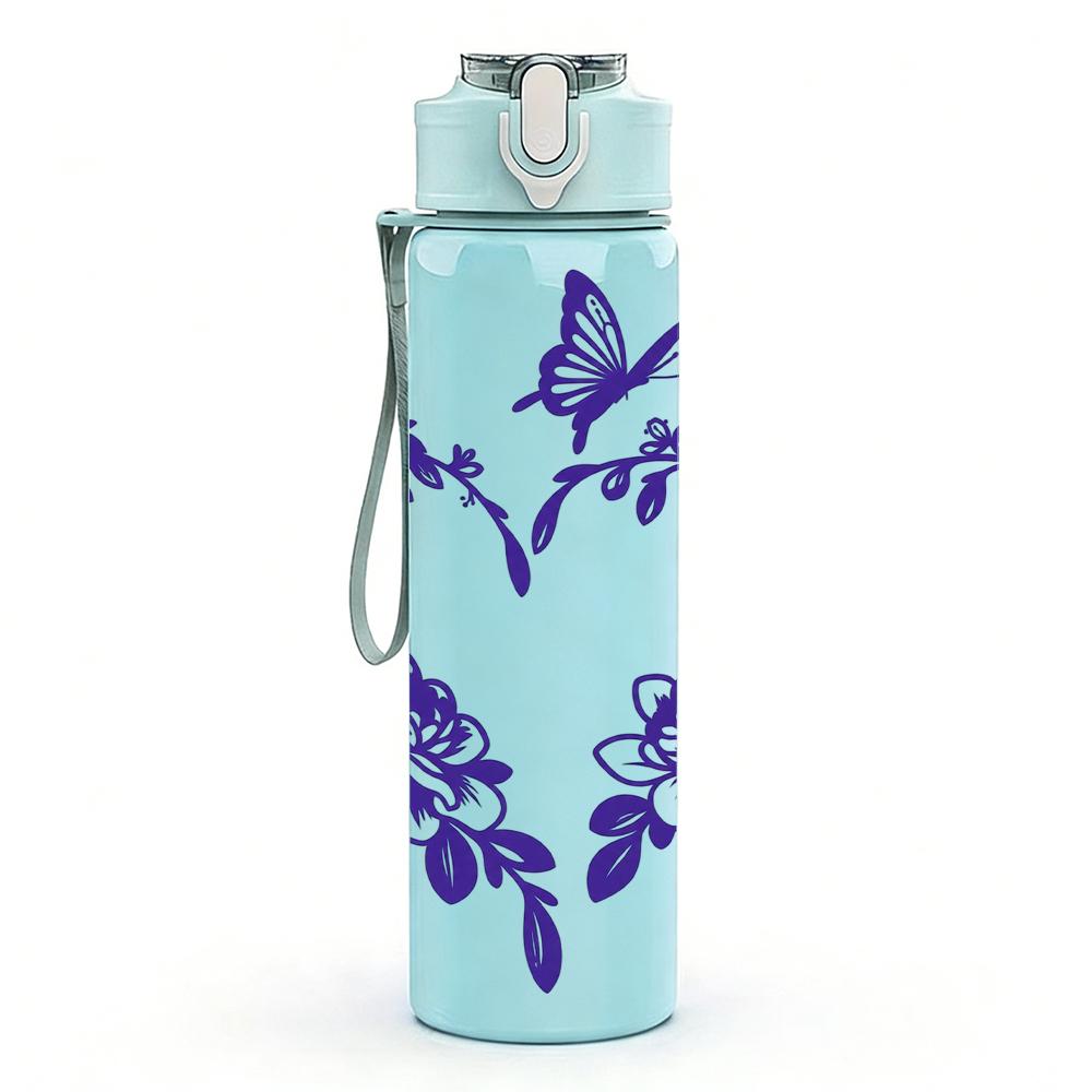 1PC Purple Floral Wreath Heart 750ml Color Plastic Sports Water Bottle Leakproof Flip Straw Lid Suitable for Sports Office Home Use