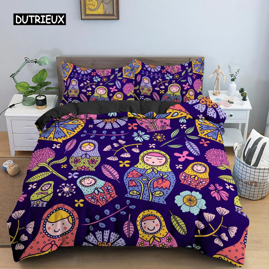Russian Dolls Duvet Cover Set Microfiber Cute Pattern Comforter Cover Russian Exotic Style for Kids Teen Double Queen King Size