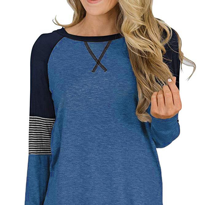 SCIONE Nová móda Dámské pruhované tričko Šití Kulatý výstřih Ležérní Dámské tričko Volný top