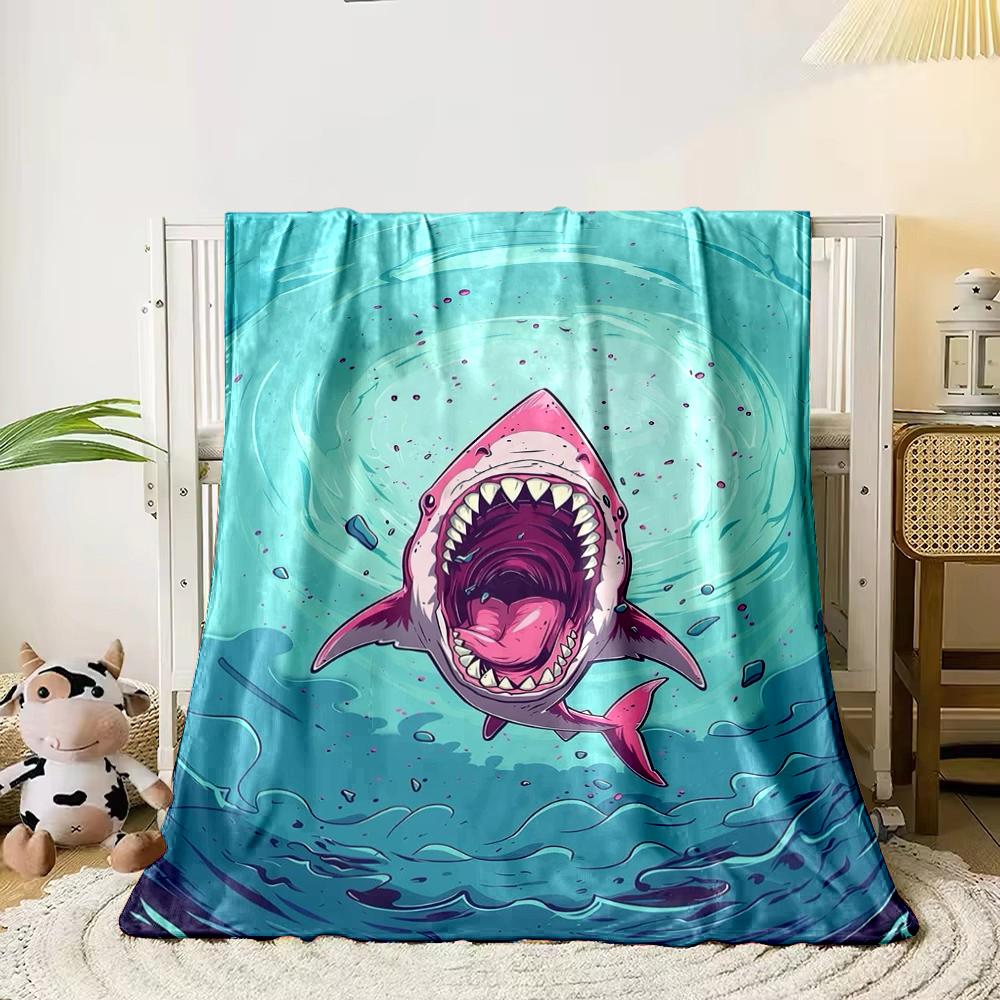 Cartoon Fierce Shark In Ocean Design Blanket, Flannel Blanket for Bedroom, Living Room, Sofa, and Nap Sofas.