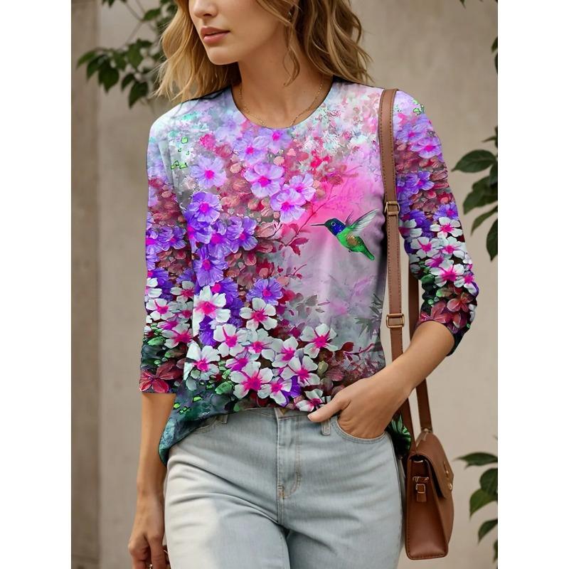 

Весенне-осенний топ с круглым вырезом, с цветочным принтом и графикой птиц, с 3D-печатью, модные повседневные женские футболки с длинным рукавом S
