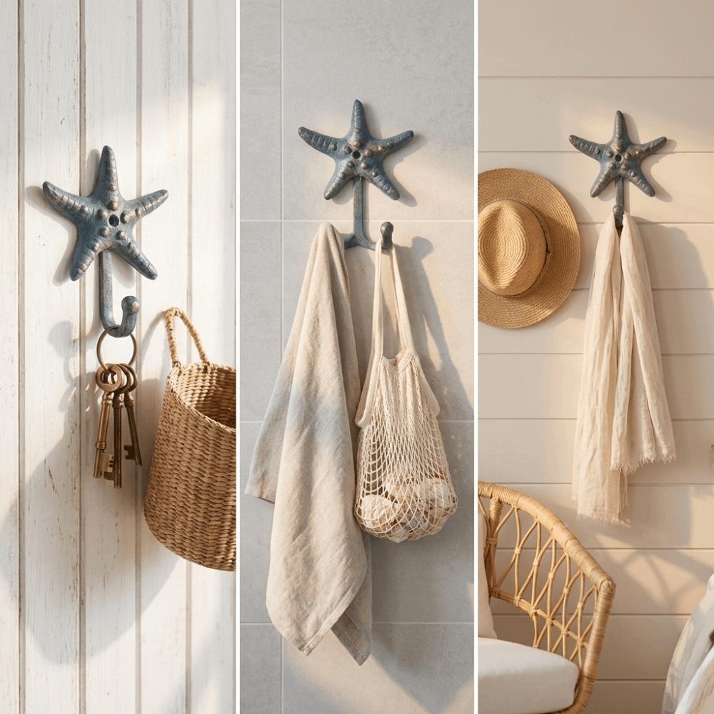 Starfish Shape Cast Iron Hook Ocean Blue Finish Vintage Rustic Wall Mounted Hook Gold Brushed Details Sturdy Cast Iron