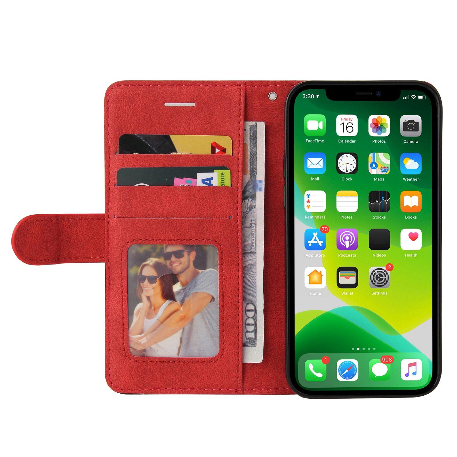 

For iPhone 14 Leather Case Wallet Stand Color Splicing Phone Cover Red